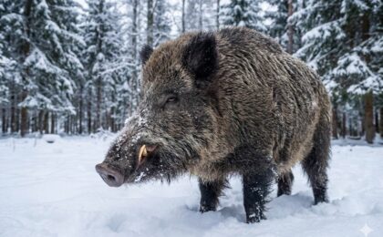 Close-up do rosto de um 'super porco' híbrido gigante na neve, mostrando suas presas e resistência ao frio extremo no Canadá.
