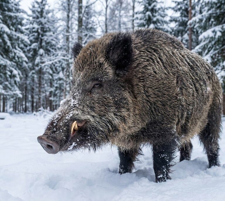 Close-up do rosto de um 'super porco' híbrido gigante na neve, mostrando suas presas e resistência ao frio extremo no Canadá.