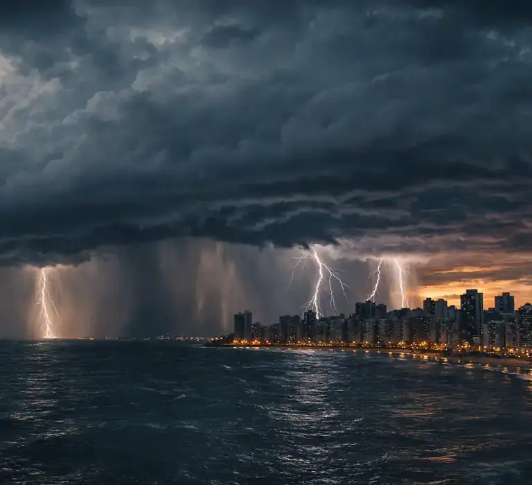 Tempestade dramática com múltiplos raios caindo no mar próximo à linha do horizonte de uma cidade costeira durante o crepúsculo. Cortinas de chuva intensa são visíveis sob uma nuvem escura e massiva.