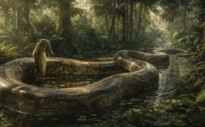 Ilustração realista da Titanoboa, a maior cobra pré-histórica do mundo, em seu habitat pantanoso na antiga Colôm