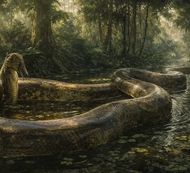 Ilustração realista da Titanoboa, a maior cobra pré-histórica do mundo, em seu habitat pantanoso na antiga Colôm