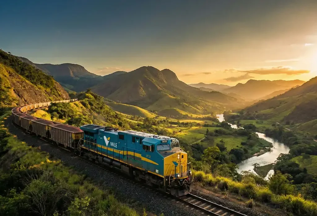 Trem da Vale (Estrada de Ferro Vitória a Minas) percorrendo uma curva entre montanhas verdes e o Rio Doce durante o pôr do sol.
