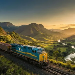 Trem da Vale (Estrada de Ferro Vitória a Minas) percorrendo uma curva entre montanhas verdes e o Rio Doce durante o pôr do sol.