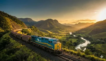 Trem da Vale (Estrada de Ferro Vitória a Minas) percorrendo uma curva entre montanhas verdes e o Rio Doce durante o pôr do sol.