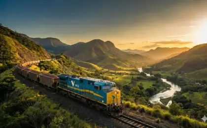 O erro que quase todo turista comete ao escolher a poltrona no Trem Vitória-Minas. 7 Trem da Vale (Estrada de Ferro Vitória a Minas) percorrendo uma curva entre montanhas verdes e o Rio Doce durante o pôr do sol.
