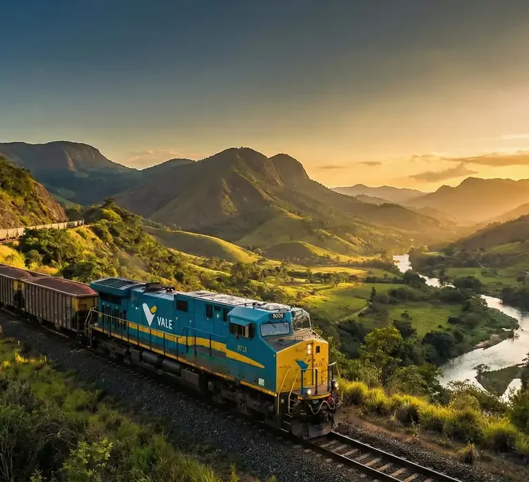 Trem da Vale (Estrada de Ferro Vitória a Minas) percorrendo uma curva entre montanhas verdes e o Rio Doce durante o pôr do sol.
