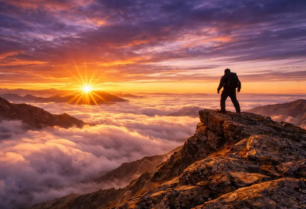 Silhueta de trilheiro no cume de uma montanha alta no Espírito Santo, observando um nascer do sol laranja vibrante sobre um mar de nuvens.