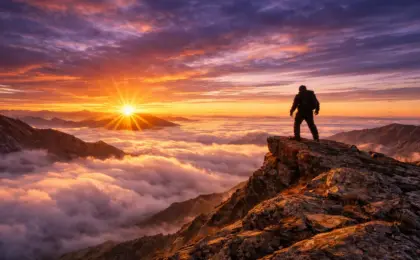 Pico da Bandeira: guia completo para subir 8 Silhueta de trilheiro no cume de uma montanha alta no Espírito Santo, observando um nascer do sol laranja vibrante sobre um mar de nuvens.