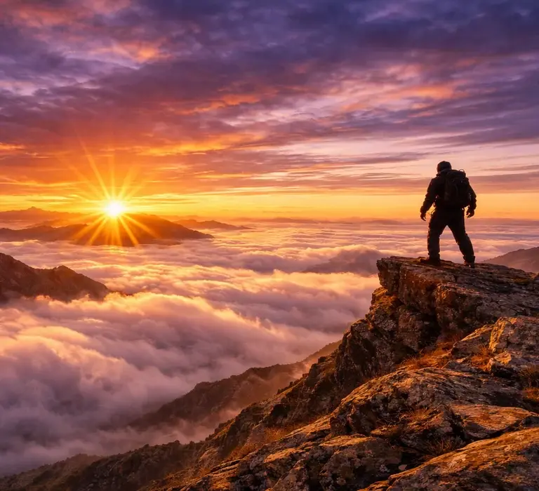Silhueta de trilheiro no cume de uma montanha alta no Espírito Santo, observando um nascer do sol laranja vibrante sobre um mar de nuvens.