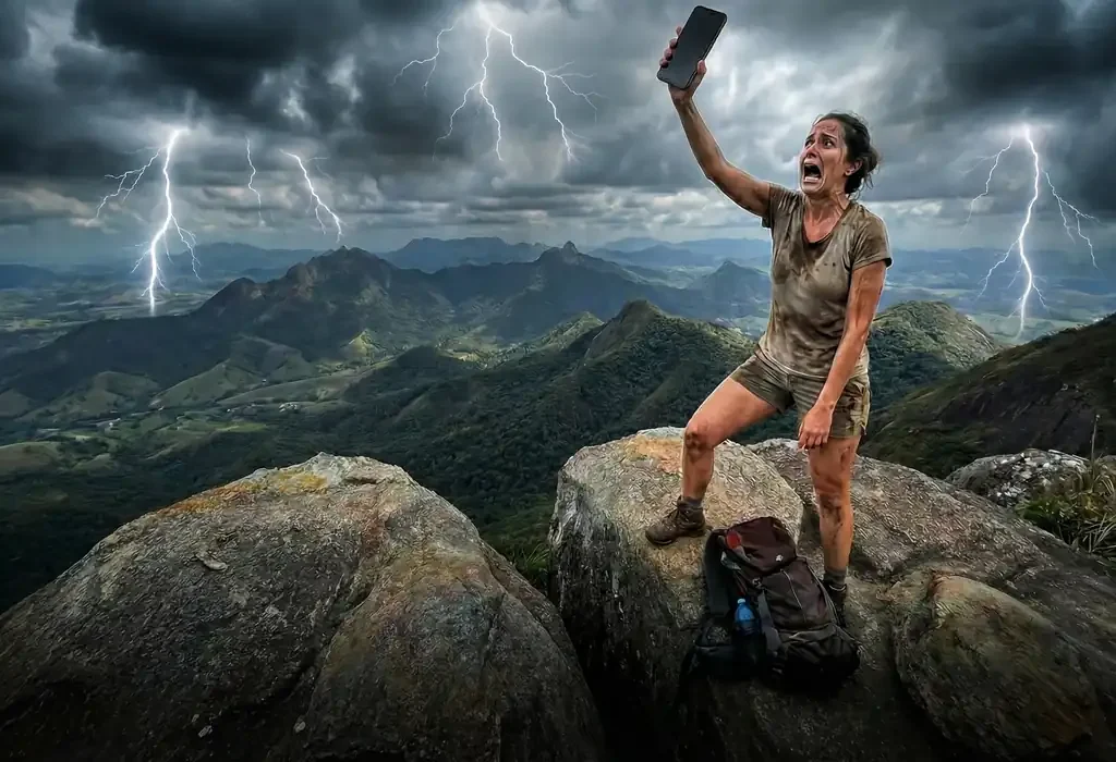 Trilheiro no topo do Mestre Álvaro observando a vista panorâmica da Grande Vitória sem sinal de celular.