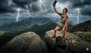 Trilheiro no topo do Mestre Álvaro observando a vista panorâmica da Grande Vitória sem sinal de celular.