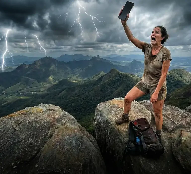 Trilheiro no topo do Mestre Álvaro observando a vista panorâmica da Grande Vitória sem sinal de celular.