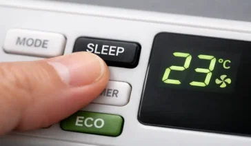 Dedo pressionando botão de modo econômico no controle remoto do ar-condicionado com visor marcando 23 graus.