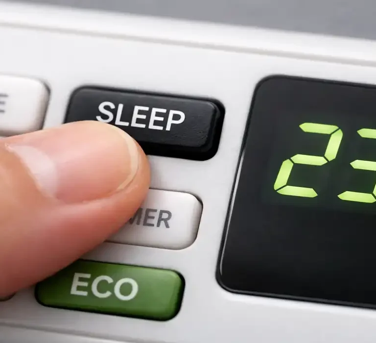 Dedo pressionando botão de modo econômico no controle remoto do ar-condicionado com visor marcando 23 graus.