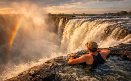 Devil's Pool: No Limite do Abismo nas Victoria Falls 9 Turista no Devil’s Pool observando a Victoria Falls com arco-íris e névoa ao pôr do sol