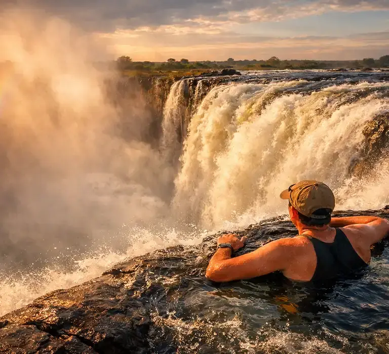 Turista no Devil’s Pool observando a Victoria Falls com arco-íris e névoa ao pôr do sol