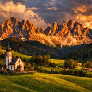 Igreja de Santa Maddalena em Val di Funes com as montanhas Odle ao fundo durante o pôr do sol.
