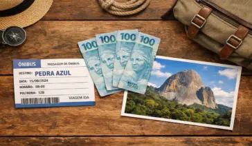 Composição fotográfica sobre uma mesa de madeira contendo uma passagem de ônibus para Pedra Azul, três notas de 100 reais brasileiras e uma foto da Pedra do Lagarto. Representação visual de um roteiro de viagem econômico nas montanhas capixabas.