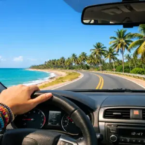 Estrada litorânea no Nordeste cercada por coqueiros e mar azul turquesa, em um dia de sol.