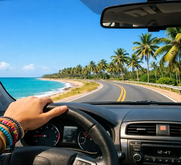 Estrada litorânea no Nordeste cercada por coqueiros e mar azul turquesa, em um dia de sol.