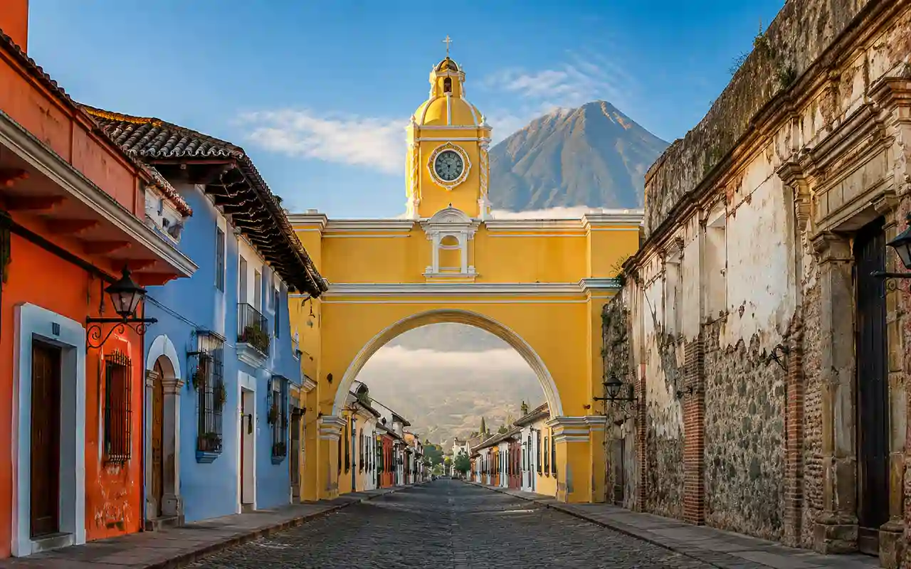 Antigua Guatemala con calles coloniales, volcán al fondo y arquitectura histórica