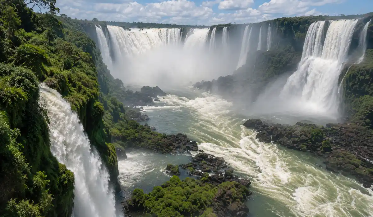 Cataratas do Iguaçu no Paraná com quedas d’água volumosas e passarelas