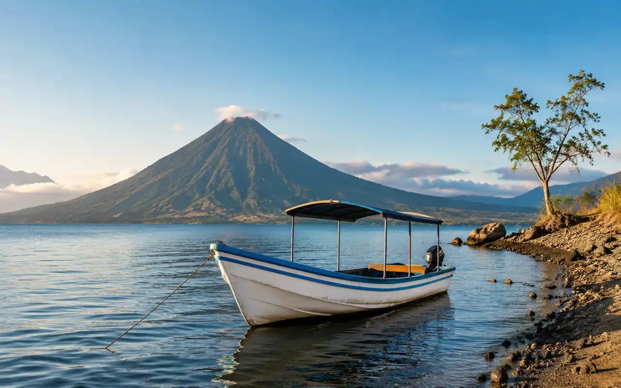 Lago de Atitlán en Guatemala rodeado por montañas y volcanes