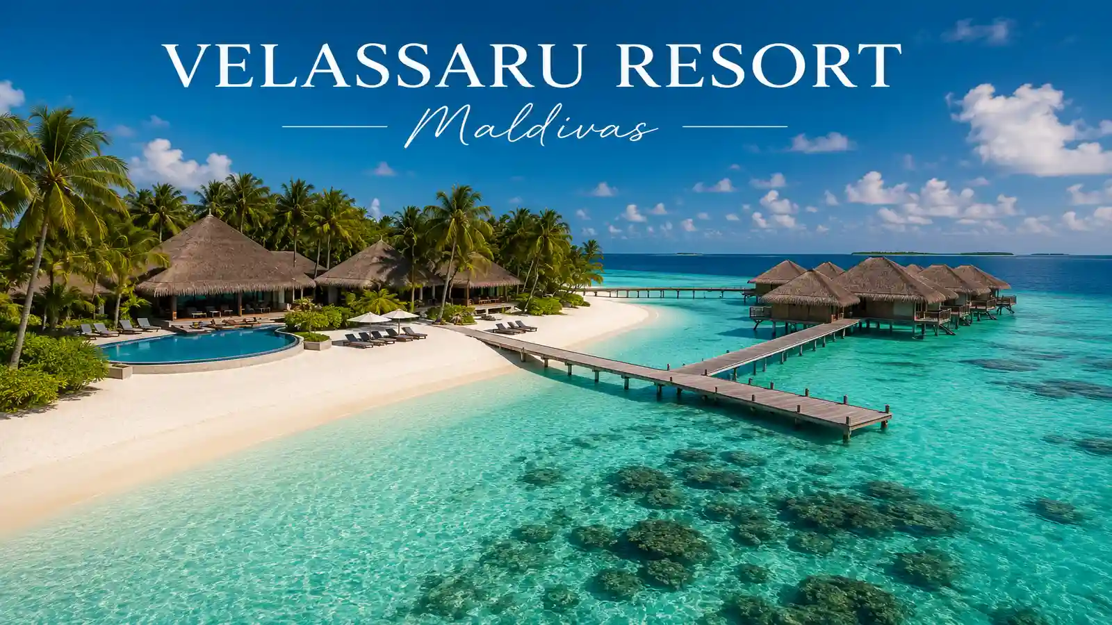 Velassaru Resort nas Maldivas com praia de areia branca mar azul e villas sobre a água