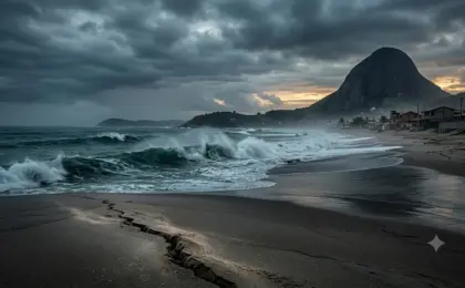 Fotografia dramática da praia de Piúma no Espírito Santo com o Monte Aghá ao fundo sob céu nublado, mostrando uma rachadura na areia simbolizando o tremor de terra recente. terremoto Piúma tremor em Piúma tremor de terra em Piúma ES tremor de terra no litoral do ES
