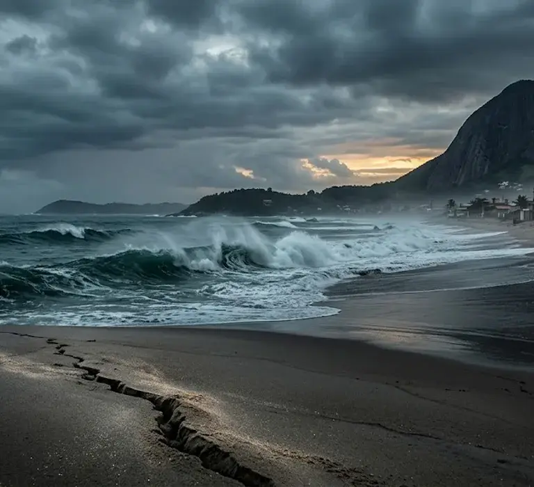 Fotografia dramática da praia de Piúma no Espírito Santo com o Monte Aghá ao fundo sob céu nublado, mostrando uma rachadura na areia simbolizando o tremor de terra recente. terremoto Piúma tremor em Piúma tremor de terra em Piúma ES tremor de terra no litoral do ES