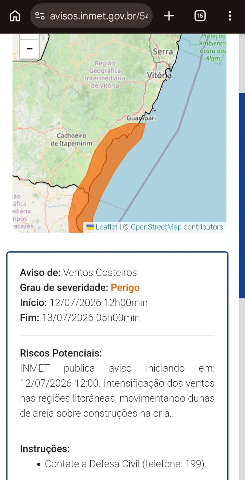 Alerta do Inmet no ES neste domingo atinge 10 cidades