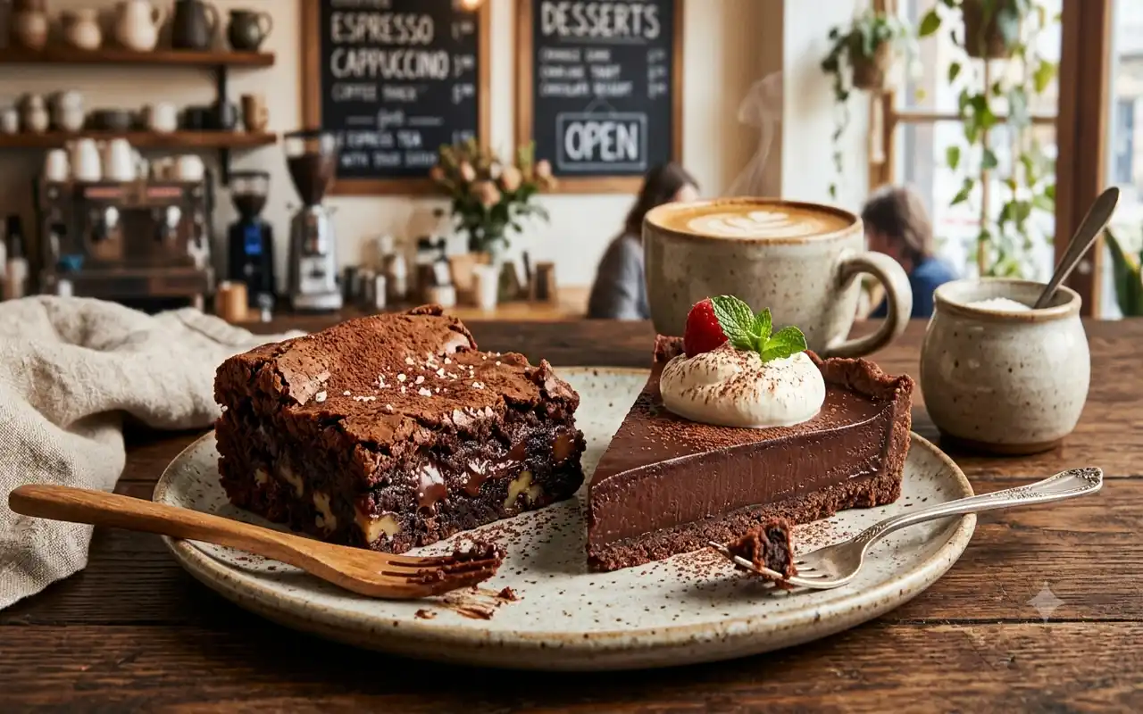 Brownie e torta de chocolate em cafeteria capixaba