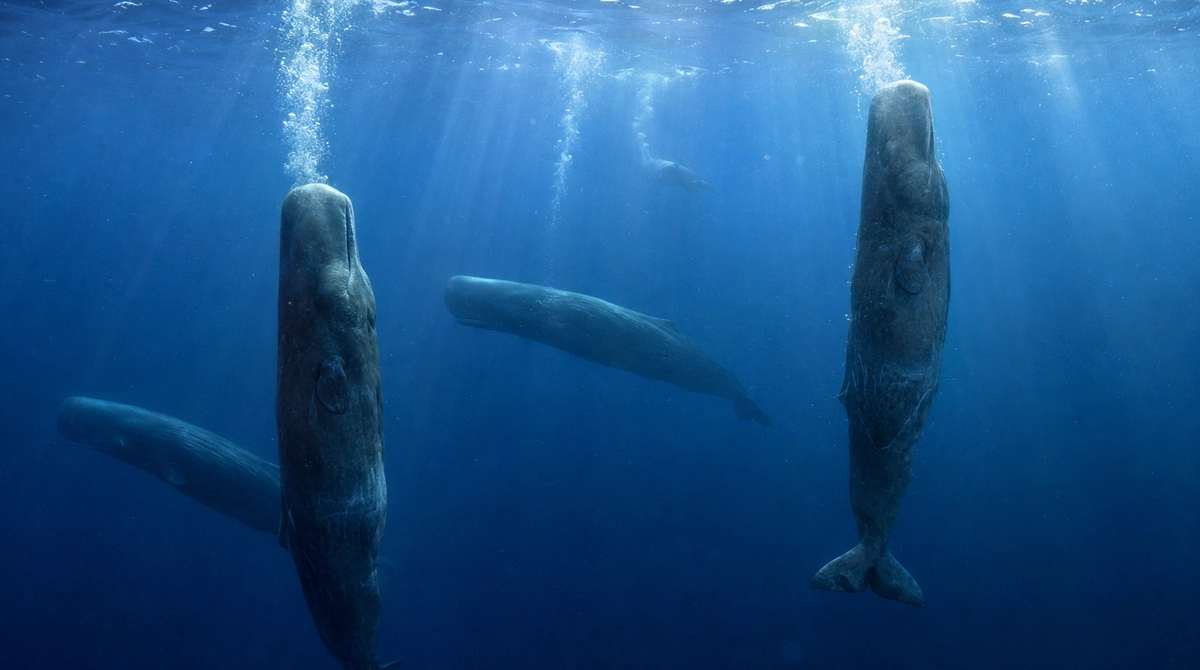 Cachalote nadando no oceano, espécie estudada por pesquisadores na Noruega