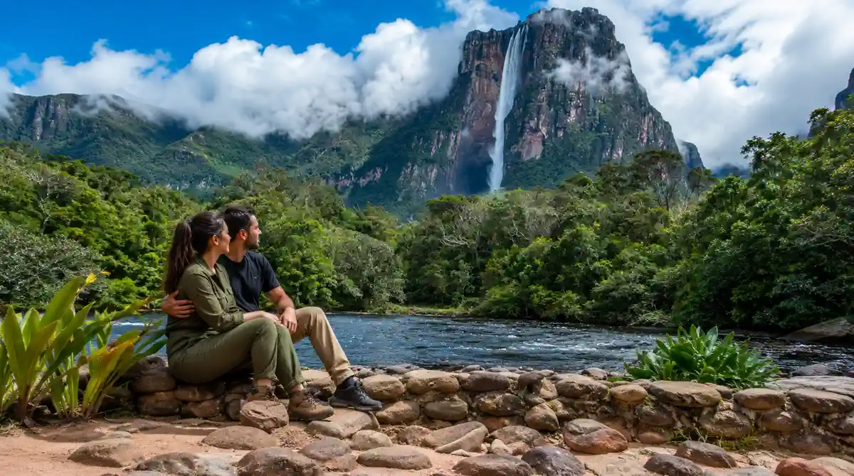 Salto Ángel descendo do Auyán-tepui no Parque Nacional Canaima, a cachoeira mais alta do mundo