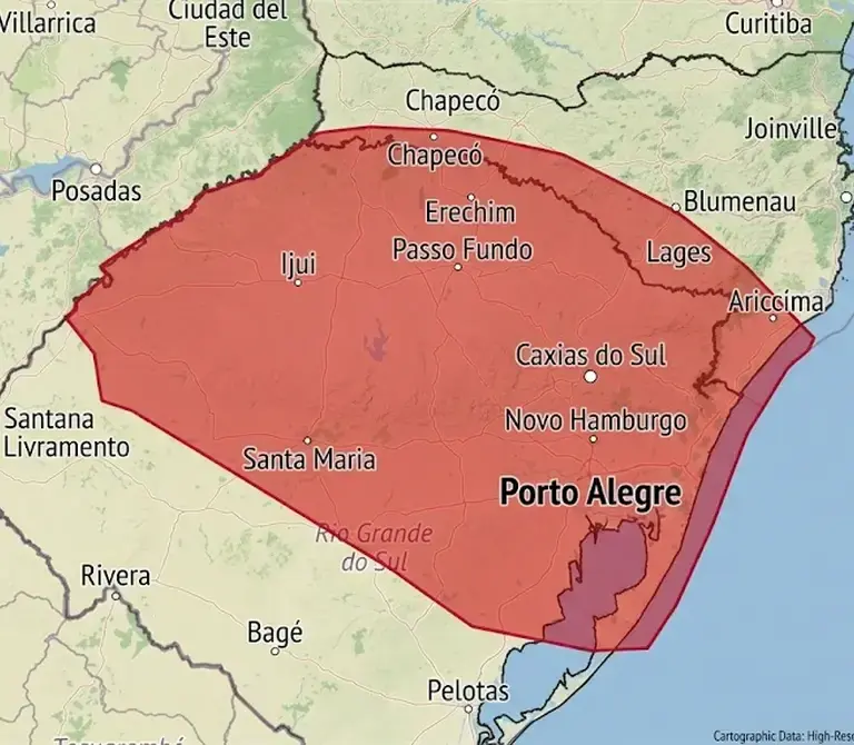 Inmet emite avisos de grande perigo para tempestade no RS e rios têm risco muito alto de inundação