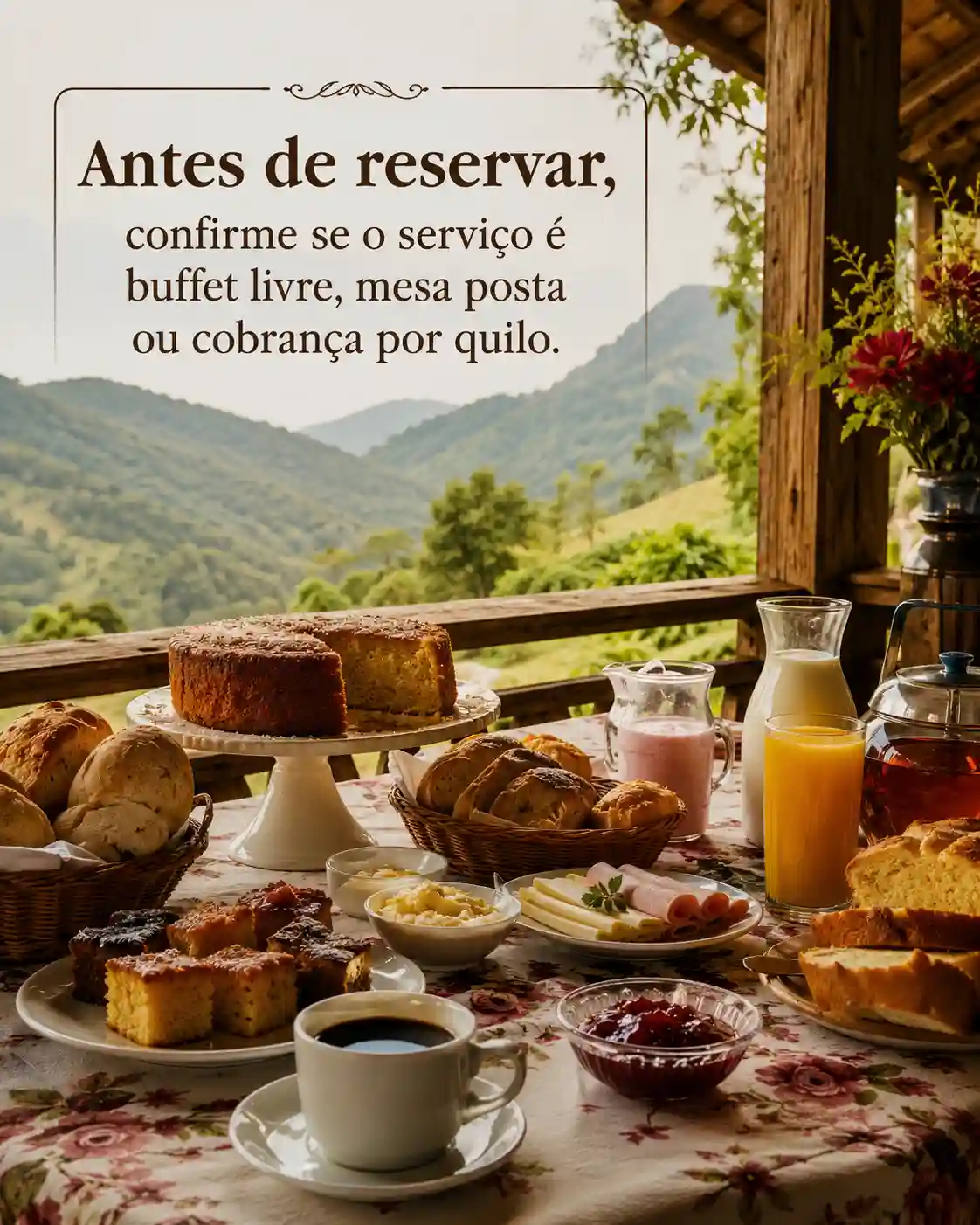 Mesa farta de café colonial no Espírito Santo com bolos, pães e café