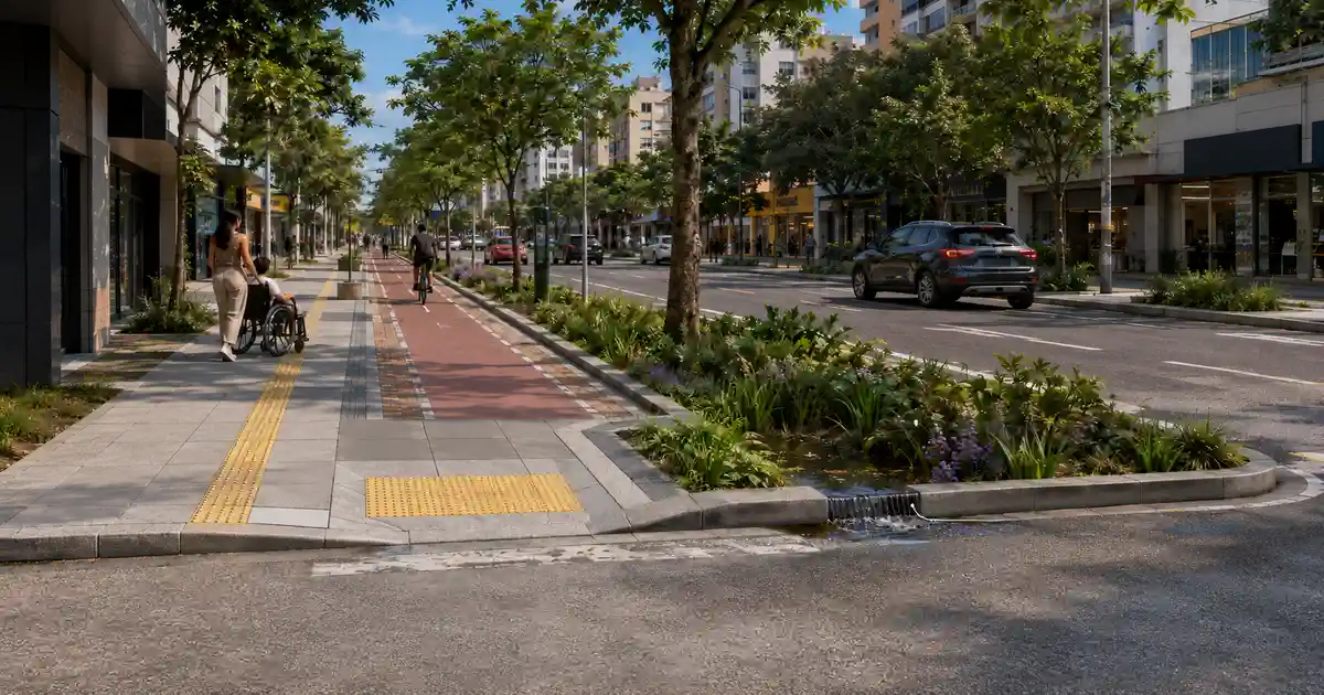 Projeto de cidade-esponja com jardim de chuva, árvores e calçada acessível no Espírito Santo