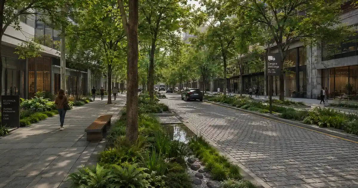 Rua urbana transformada com árvores, áreas permeáveis e espaço para pedestres