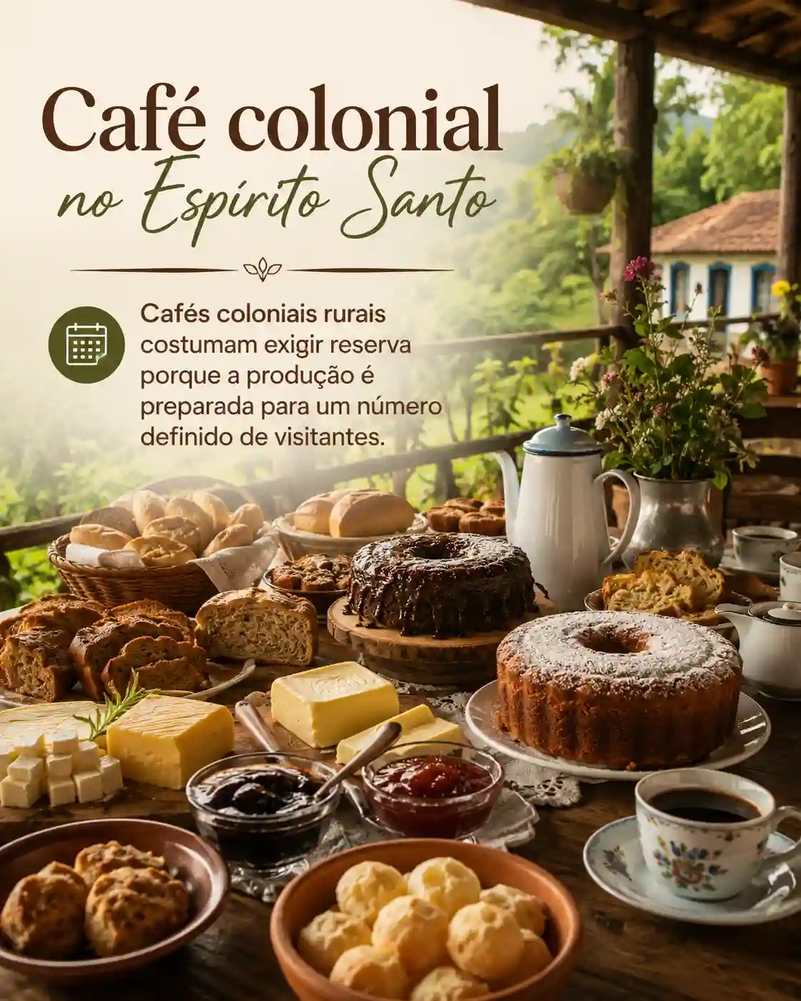 Bolo caseiro, pães e bebidas servidos em café colonial nas montanhas capixabas