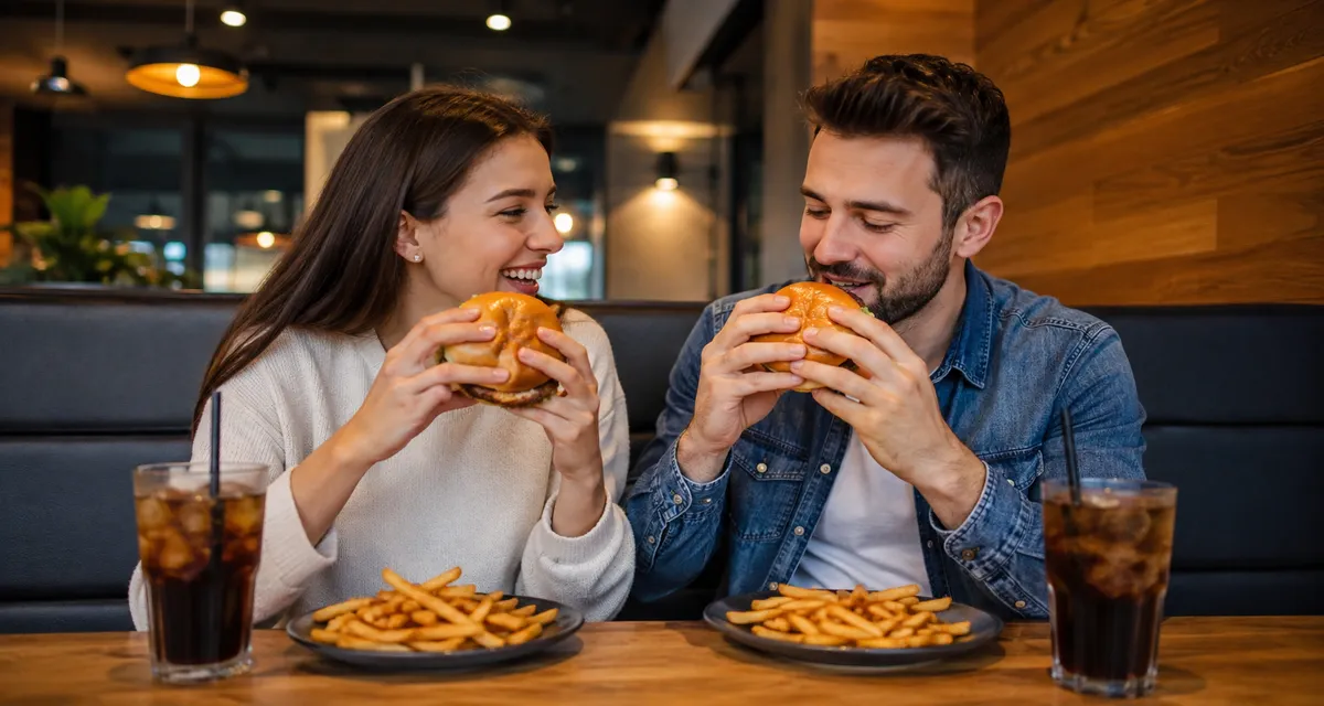 Hambúrguer artesanal servido com queijo e acompanhamentos